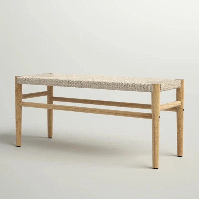 Banc Mieres style bohème en bois massif avec assise en corde tressée, pouf d'intérieur moderne du milieu du siècle avec pieds en bois d'hévéa pour bureau à domicile