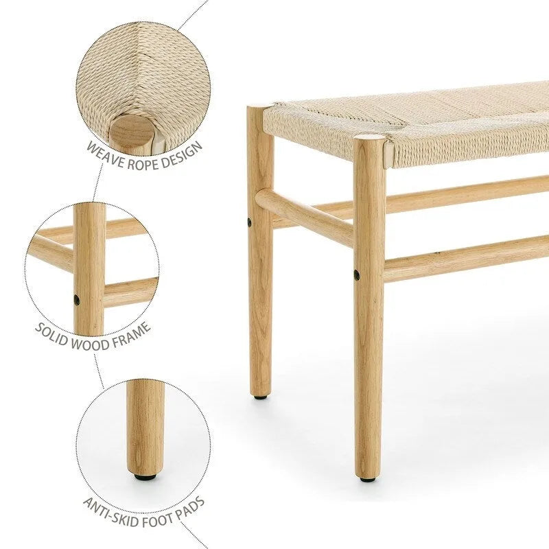 Banc Mieres style bohème en bois massif avec assise en corde tressée, pouf d'intérieur moderne du milieu du siècle avec pieds en bois d'hévéa pour bureau à domicile