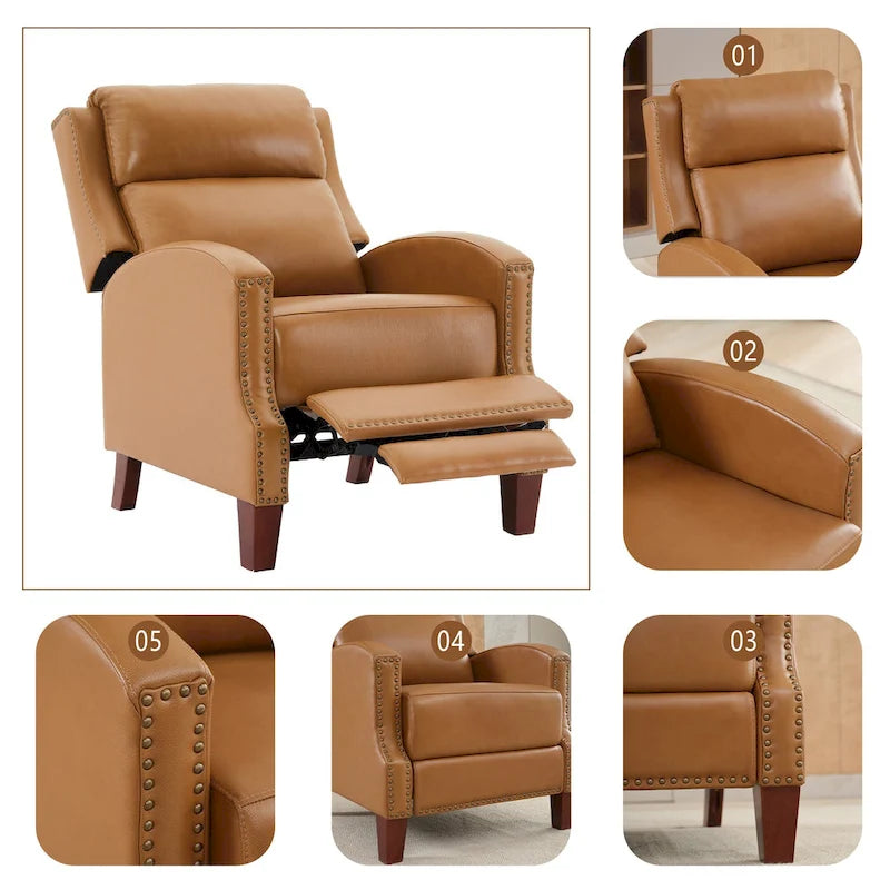 Fauteuil inclinable en cuir véritable avec dossier inclinable multi-angles et pieds en bois massif