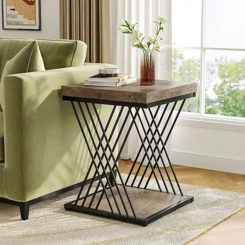 19.75 Inch Faux Marble Square End Table, Modern Bedside Tables, Gold Accent Table Living Room