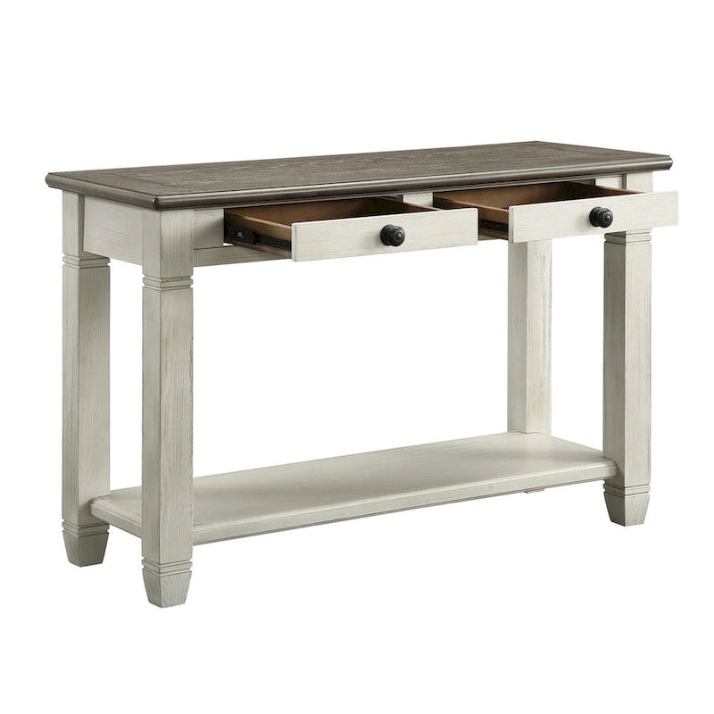 Table basse Rome 122 cm, rectangulaire, 2 tiroirs, blanc, marron, bois massif