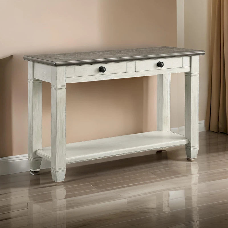 Table basse Rome 122 cm, rectangulaire, 2 tiroirs, blanc, marron, bois massif