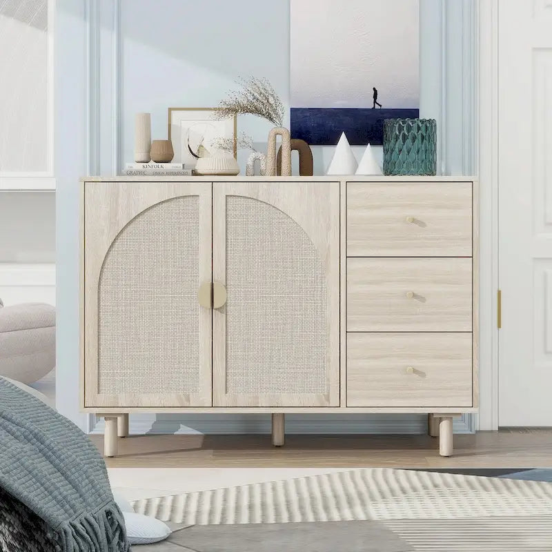 Armoire de rangement en rotin à 2 portes avec étagères réglables et 3 tiroirs