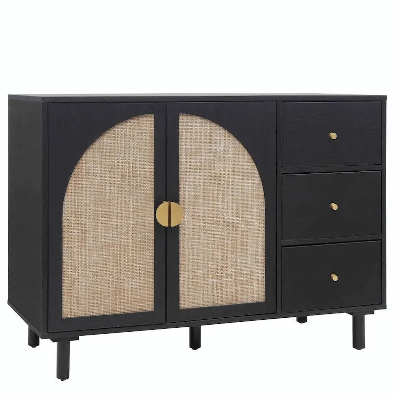 Armoire de rangement en rotin à 2 portes avec étagères réglables et 3 tiroirs