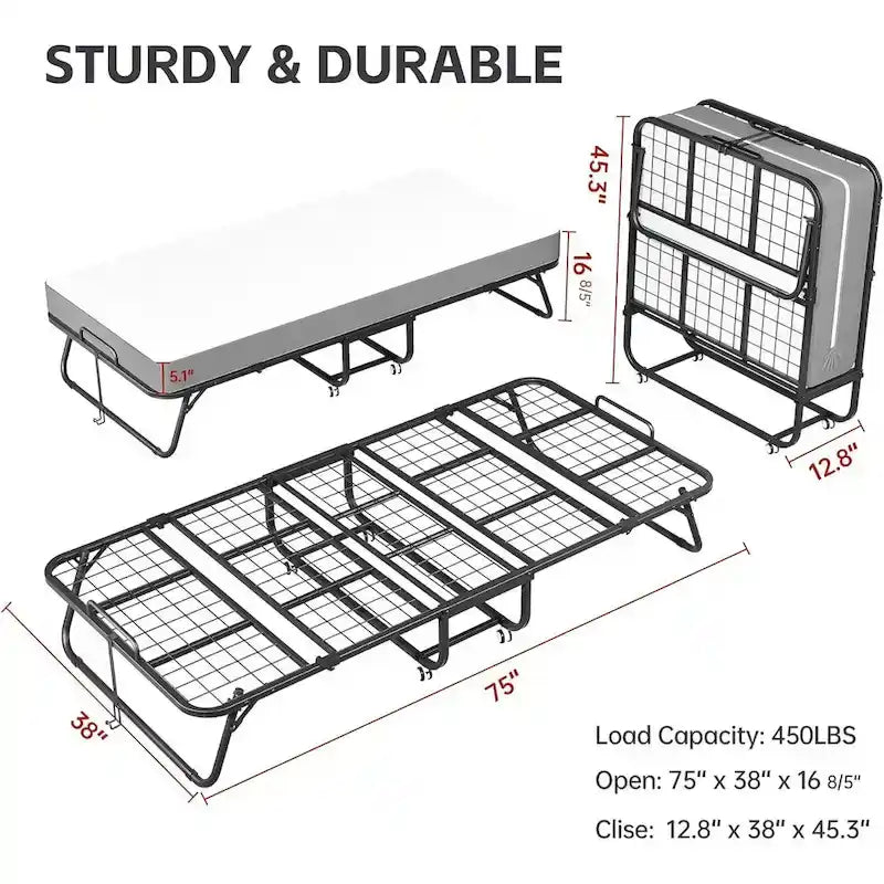 Lit d'appoint pliant à roulettes avec cadre en métal robuste et matelas épais de 5 pouces, peu encombrant