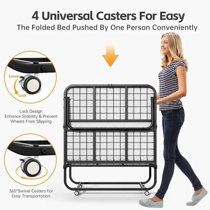 Lit d'appoint pliant à roulettes avec cadre en métal robuste et matelas épais de 5 pouces, peu encombrant