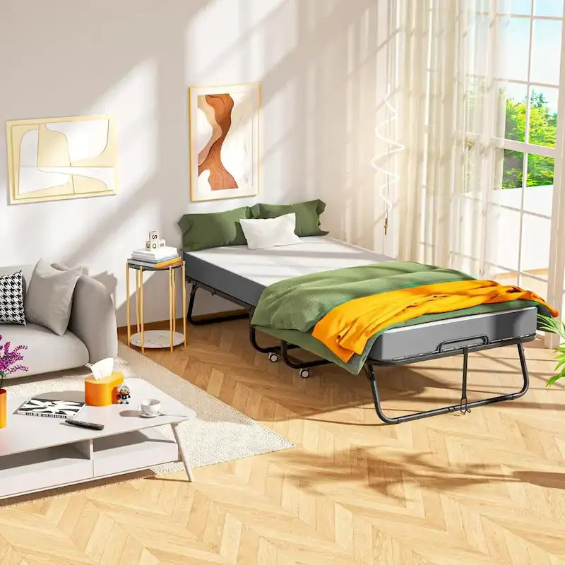 Lit d'appoint pliant à roulettes avec cadre en métal robuste et matelas épais de 5 pouces, peu encombrant