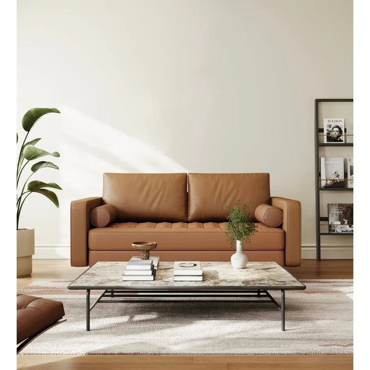 Canapé deux places Stateside style Mid-Century, accoudoirs carrés, recouvert de cuir, 59