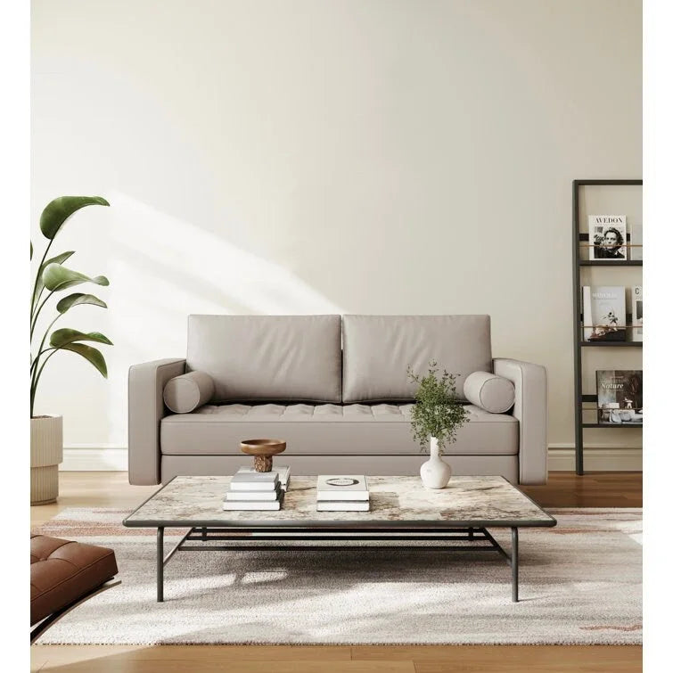 Canapé deux places Stateside style Mid-Century, accoudoirs carrés, recouvert de cuir, 59