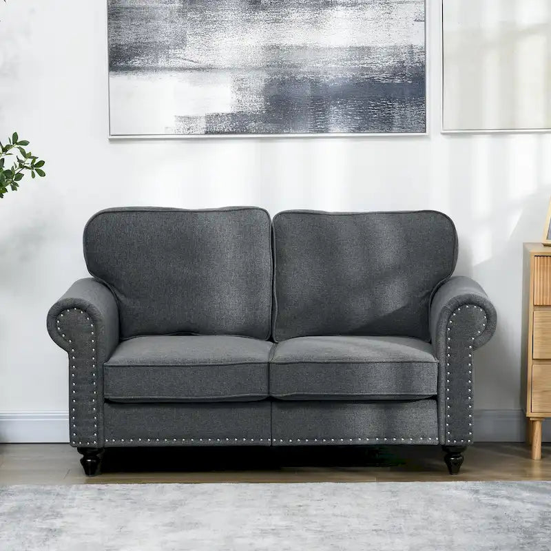 Canapé deux places HOMCOM 61, style moderne du milieu du siècle, petit canapé 2 places avec garniture cloutée, accoudoirs arrondis et revêtement en tissu.