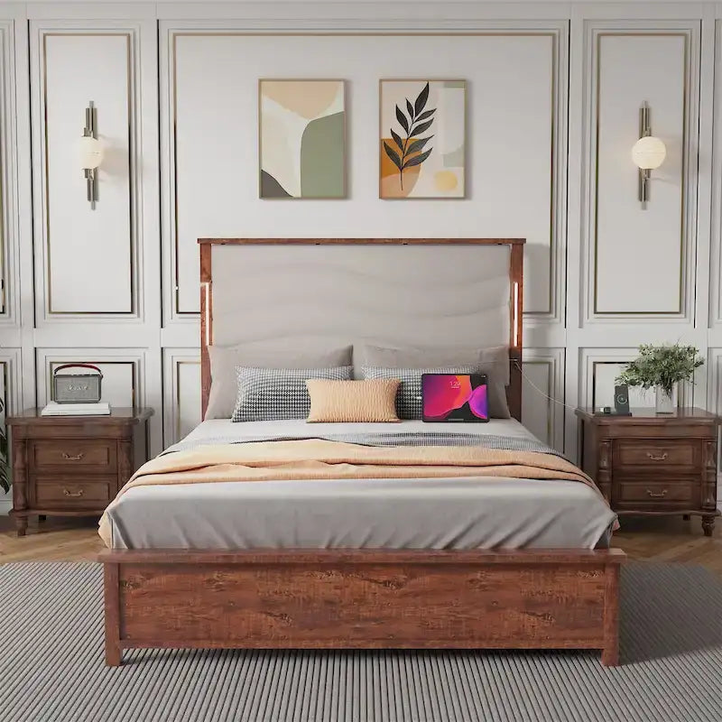 King Size Bed Frame with Upholstered Headboard, Charging Station