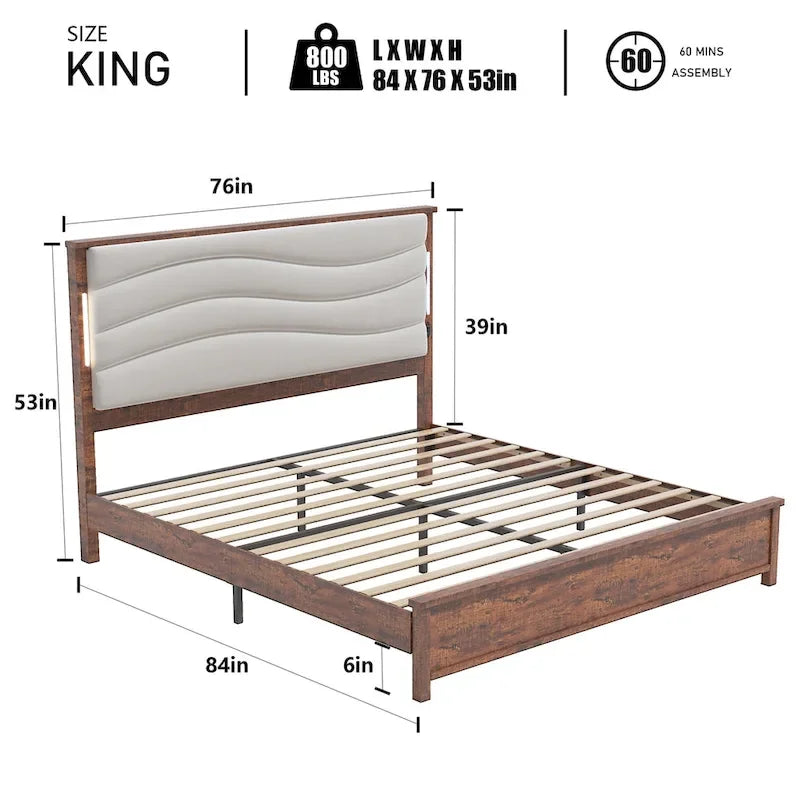 Cadre de lit King Size avec tête de lit rembourrée et station de recharge