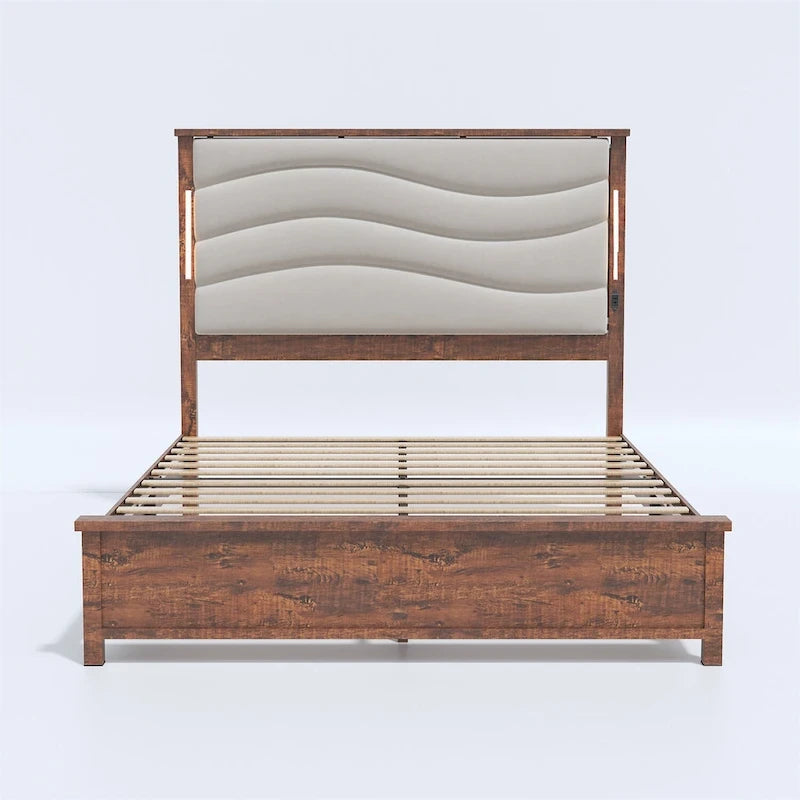 Cadre de lit King Size avec tête de lit rembourrée et station de recharge